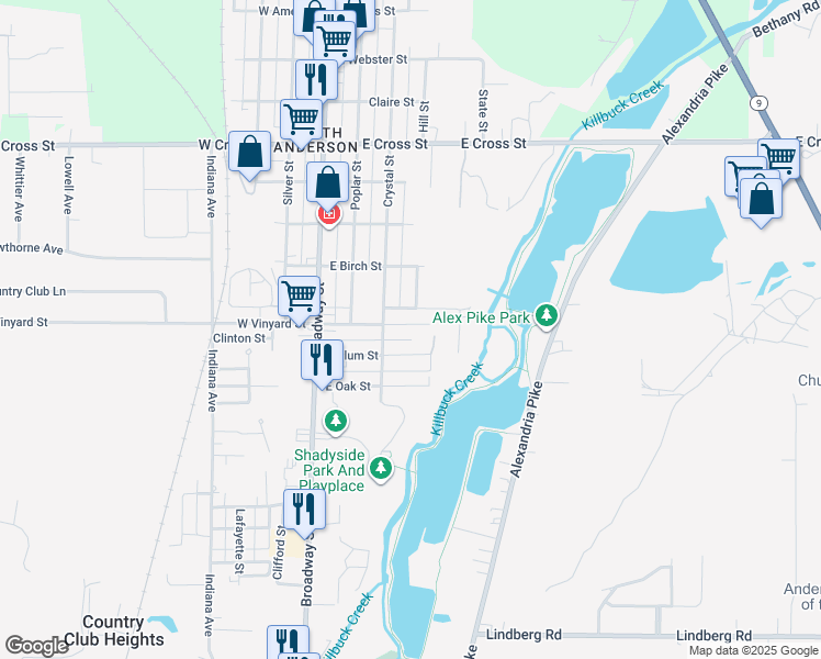 map of restaurants, bars, coffee shops, grocery stores, and more near 225 East Vinyard Street in Anderson
