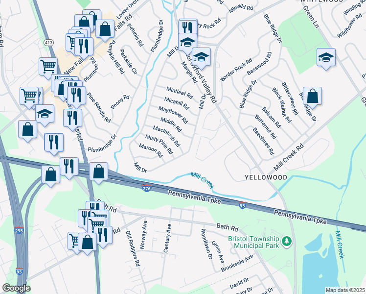 map of restaurants, bars, coffee shops, grocery stores, and more near 6 Macintosh Road in Levittown