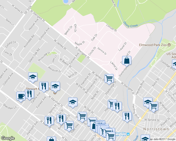 map of restaurants, bars, coffee shops, grocery stores, and more near 1210 West James Street in Norristown