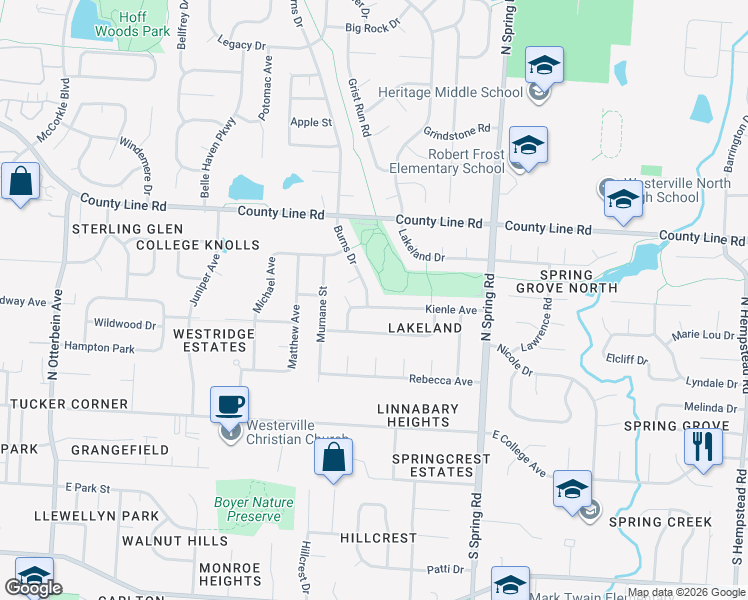 map of restaurants, bars, coffee shops, grocery stores, and more near 670 Kienle Avenue in Westerville