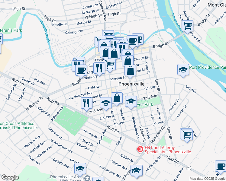 map of restaurants, bars, coffee shops, grocery stores, and more near 213 Gay Street in Phoenixville