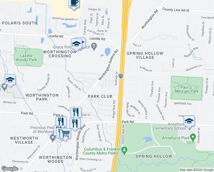 map of restaurants, bars, coffee shops, grocery stores, and more near 1663 Pierpont Drive in Westerville