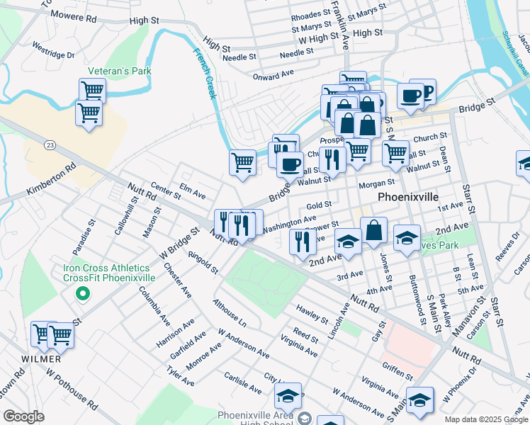 map of restaurants, bars, coffee shops, grocery stores, and more near 435 Breckenridge St in Phoenixville