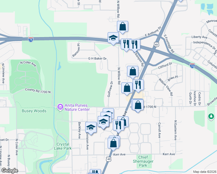 map of restaurants, bars, coffee shops, grocery stores, and more near 1804 Golfview Drive in Urbana