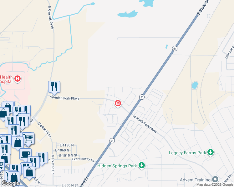 map of restaurants, bars, coffee shops, grocery stores, and more near 1554 North 1600 East in Spanish Fork