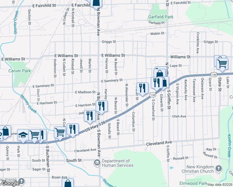 map of restaurants, bars, coffee shops, grocery stores, and more near 1001-1007 East Madison Street in Danville