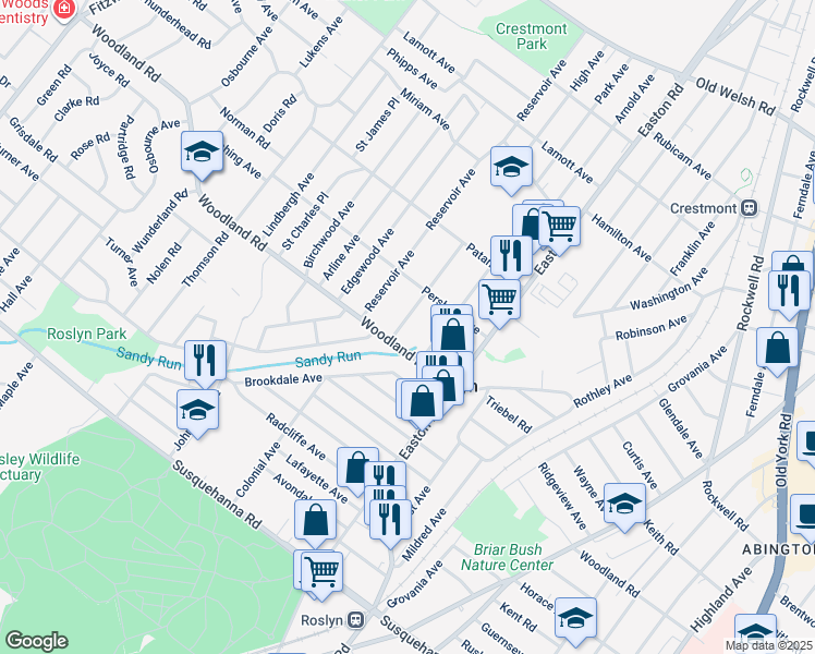 map of restaurants, bars, coffee shops, grocery stores, and more near 1357 High Avenue in Abington