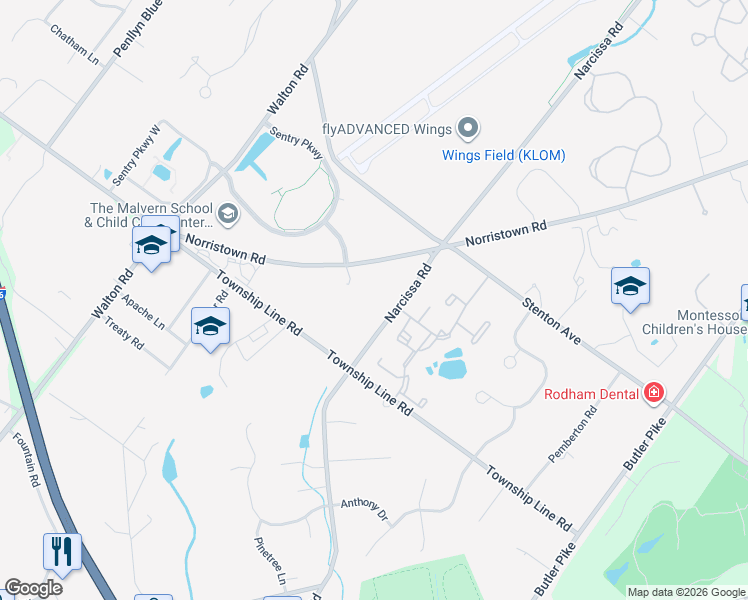 map of restaurants, bars, coffee shops, grocery stores, and more near 460 Norristown Road in Blue Bell