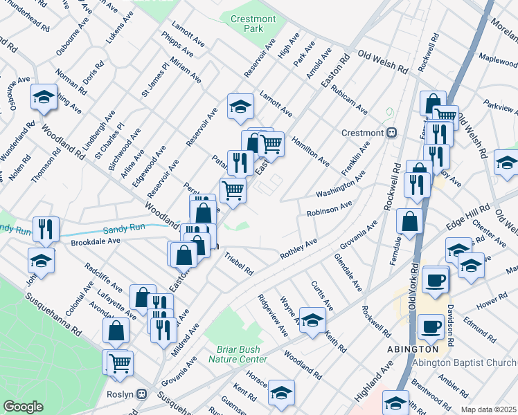 map of restaurants, bars, coffee shops, grocery stores, and more near 2329 Nylsor Avenue in Roslyn