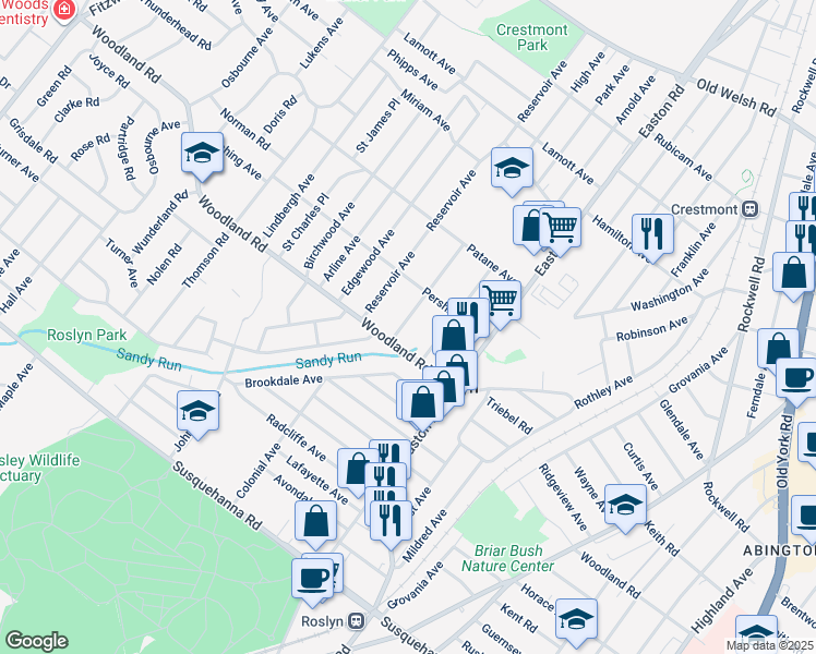 map of restaurants, bars, coffee shops, grocery stores, and more near 1357 High Avenue in Abington