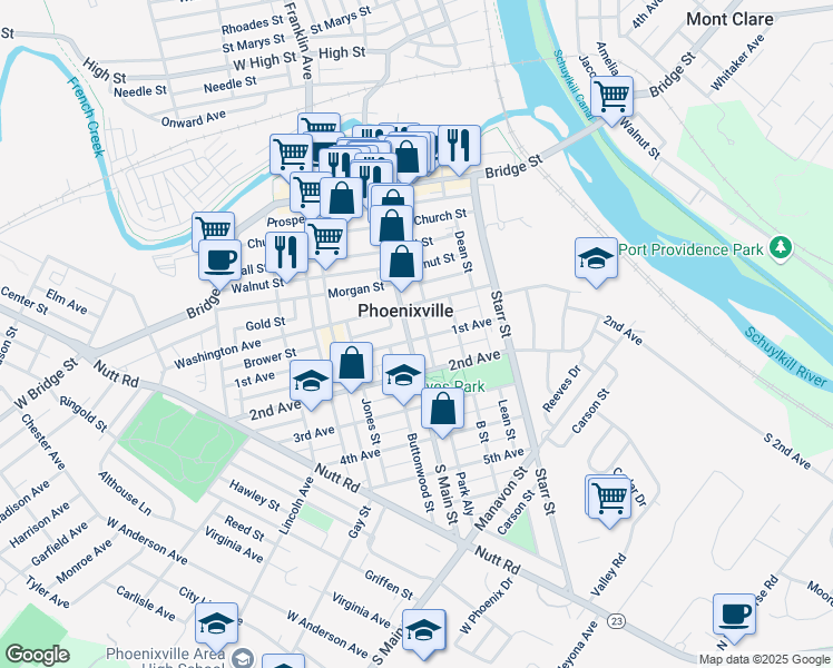 map of restaurants, bars, coffee shops, grocery stores, and more near in Phoenixville