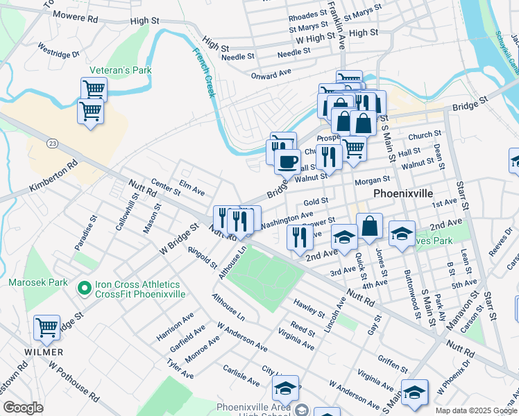 map of restaurants, bars, coffee shops, grocery stores, and more near 435 Breckenridge Street in Phoenixville