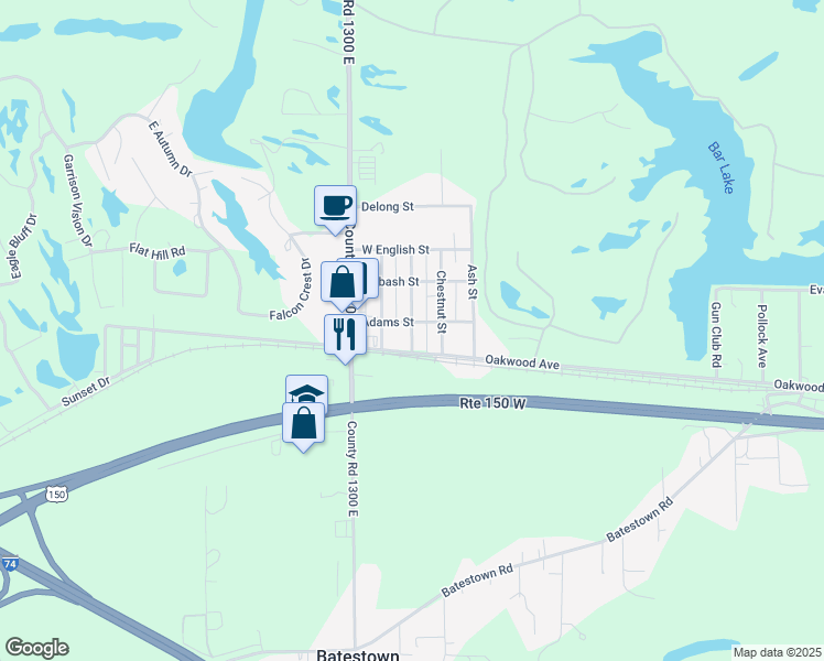 map of restaurants, bars, coffee shops, grocery stores, and more near 4-12 Oak Street in Danville