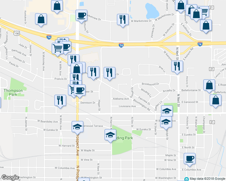 map of restaurants, bars, coffee shops, grocery stores, and more near 607 Bloomington Road in Champaign