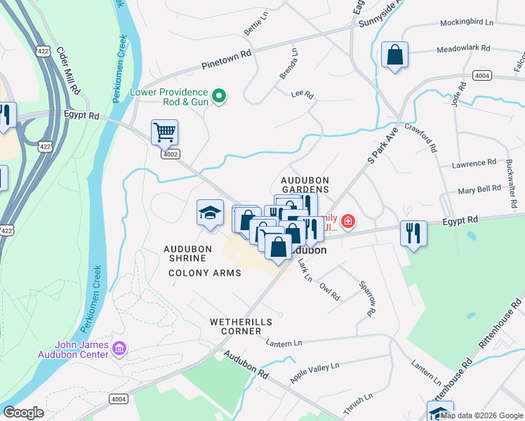 map of restaurants, bars, coffee shops, grocery stores, and more near 2825 Egypt Road in Eagleville