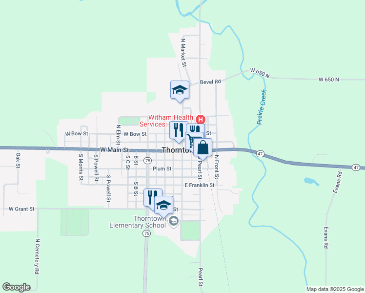 map of restaurants, bars, coffee shops, grocery stores, and more near 124 North Market Street in Thorntown