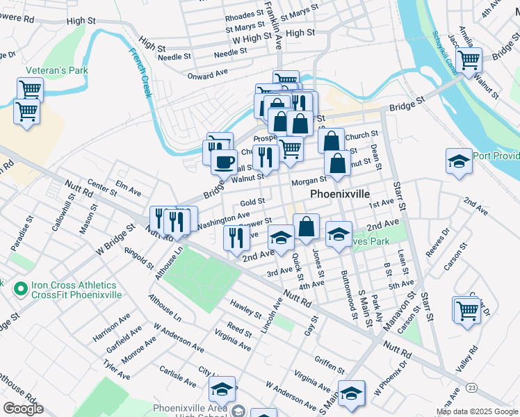 map of restaurants, bars, coffee shops, grocery stores, and more near 349 Washington Avenue in Phoenixville