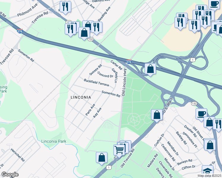 map of restaurants, bars, coffee shops, grocery stores, and more near 4308 Buckfield Terrace in Trevose