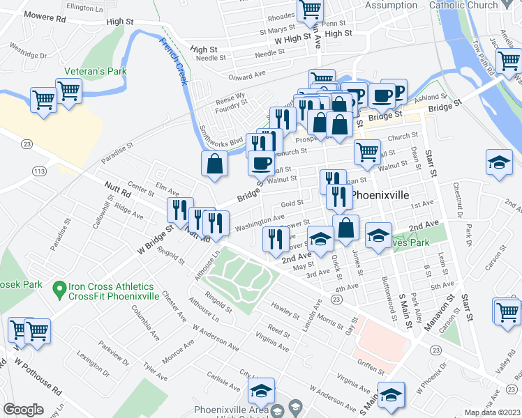 map of restaurants, bars, coffee shops, grocery stores, and more near 128 Buchanan Street in Phoenixville
