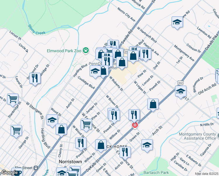 map of restaurants, bars, coffee shops, grocery stores, and more near 1609 Juniper Street in Norristown