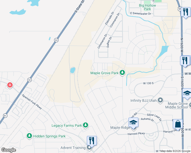 map of restaurants, bars, coffee shops, grocery stores, and more near 172 Santa Fe Drive in Springville