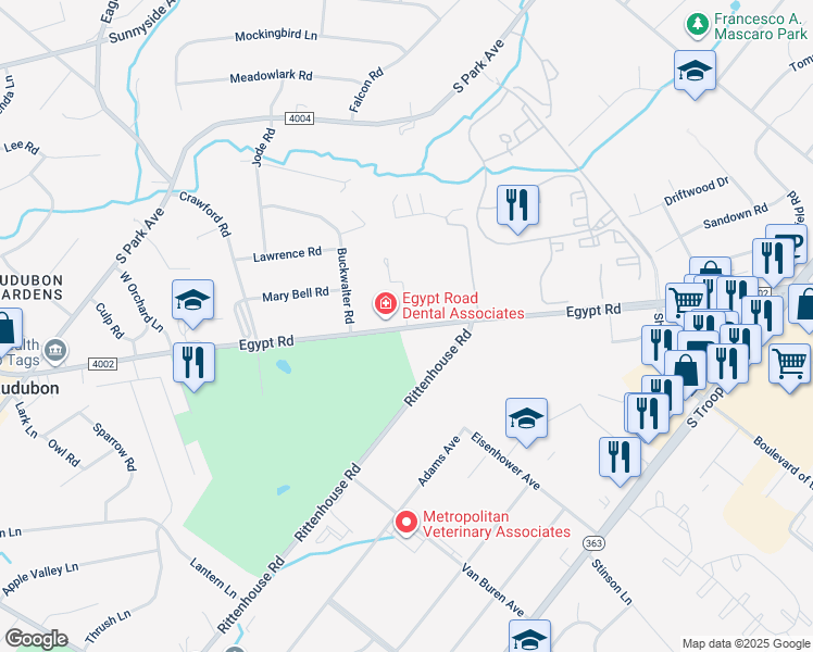 map of restaurants, bars, coffee shops, grocery stores, and more near 27 Schara Lane in Audubon