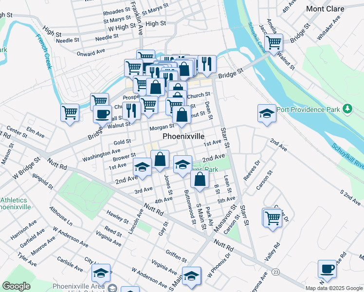 map of restaurants, bars, coffee shops, grocery stores, and more near 218 Main Street in Phoenixville