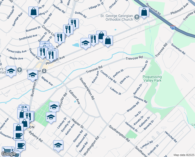 map of restaurants, bars, coffee shops, grocery stores, and more near 15045 Kelvin Avenue in Philadelphia