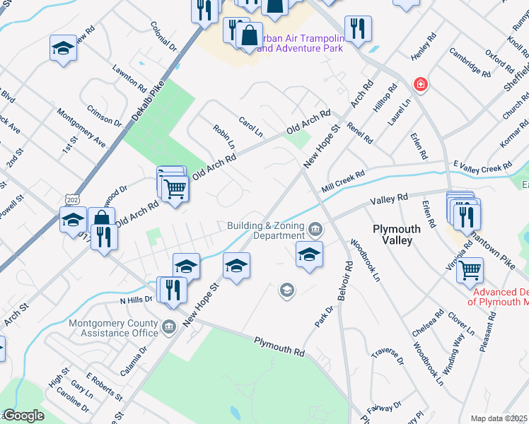 map of restaurants, bars, coffee shops, grocery stores, and more near 400 Saw Mill Court in Norristown