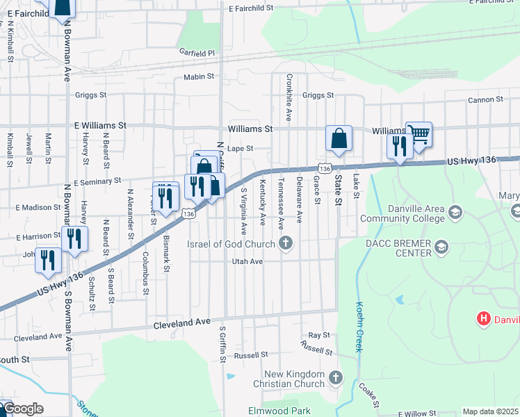 map of restaurants, bars, coffee shops, grocery stores, and more near 24 Kentucky Avenue in Danville