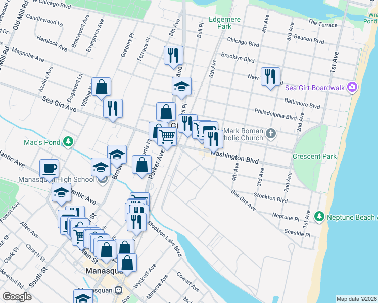 map of restaurants, bars, coffee shops, grocery stores, and more near 546 Washington Boulevard in Sea Girt