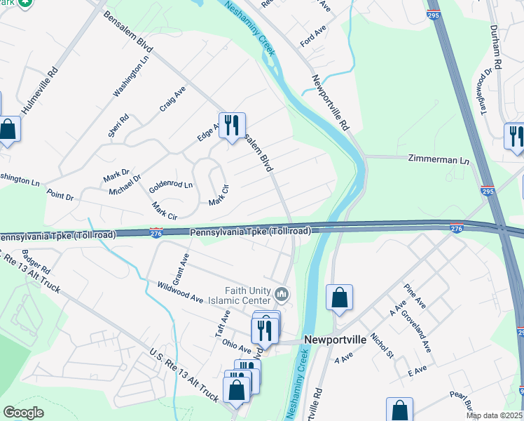 map of restaurants, bars, coffee shops, grocery stores, and more near 6241 Lewisville Avenue in Bensalem