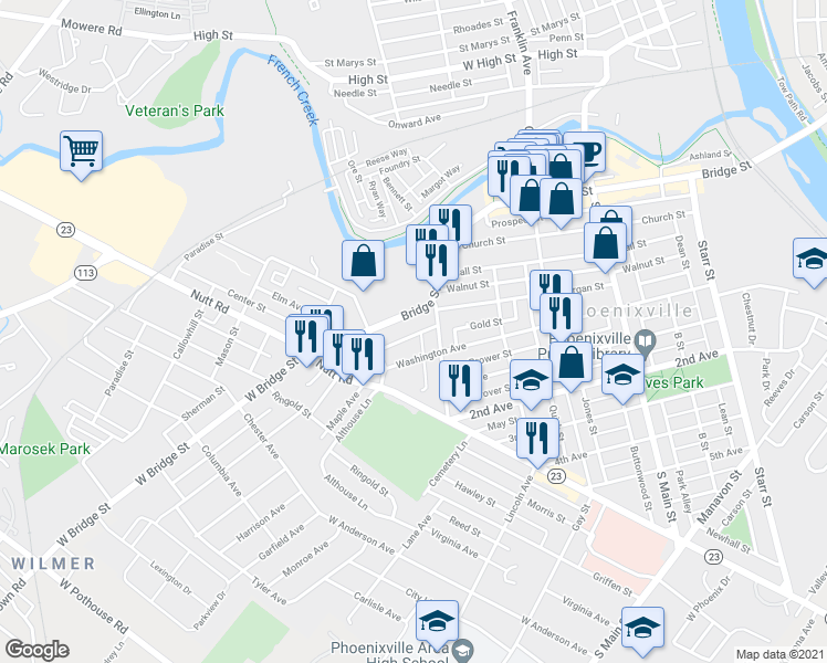 map of restaurants, bars, coffee shops, grocery stores, and more near 423 Breckenridge Street in Phoenixville