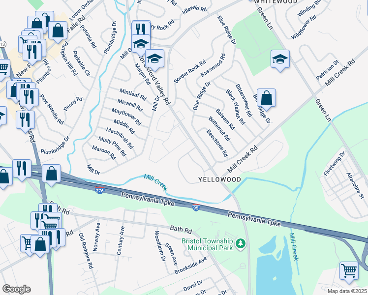 map of restaurants, bars, coffee shops, grocery stores, and more near 277 Juanita Court in Levittown