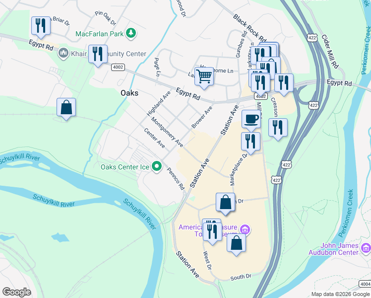 map of restaurants, bars, coffee shops, grocery stores, and more near 151 Montgomery Avenue in Phoenixville