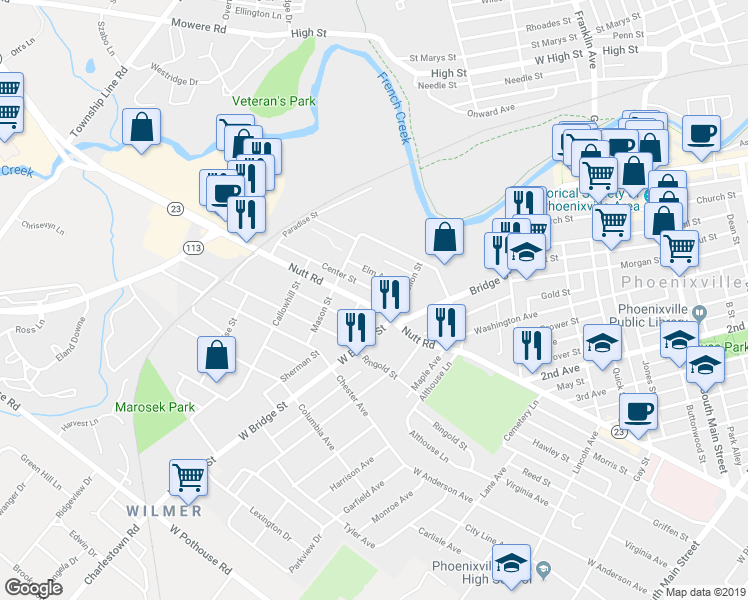 map of restaurants, bars, coffee shops, grocery stores, and more near 523 Nutt Road in Phoenixville