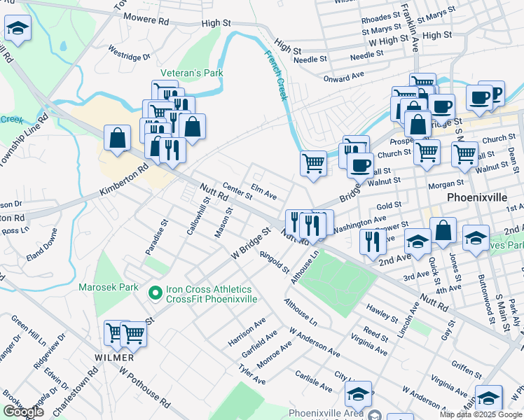 map of restaurants, bars, coffee shops, grocery stores, and more near 523 Nutt Road in Phoenixville