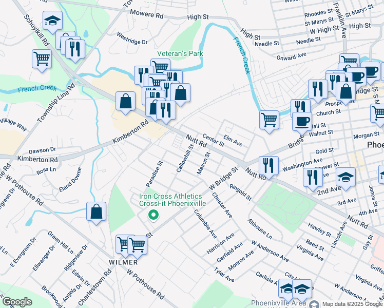 map of restaurants, bars, coffee shops, grocery stores, and more near 61 Pennsylvania Avenue in Phoenixville