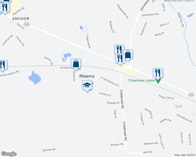 map of restaurants, bars, coffee shops, grocery stores, and more near 121 Libhart Alley in Rheems