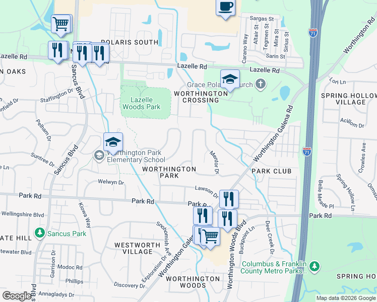 map of restaurants, bars, coffee shops, grocery stores, and more near 7968 Schoolside Drive in Westerville