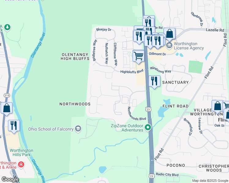map of restaurants, bars, coffee shops, grocery stores, and more near 8205 Chinook Place in Columbus
