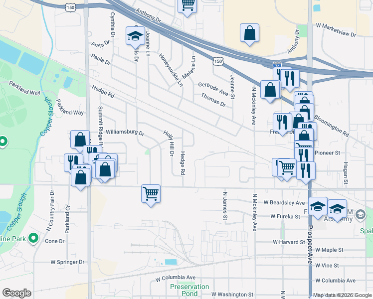 map of restaurants, bars, coffee shops, grocery stores, and more near 1315 Hedge Road in Champaign