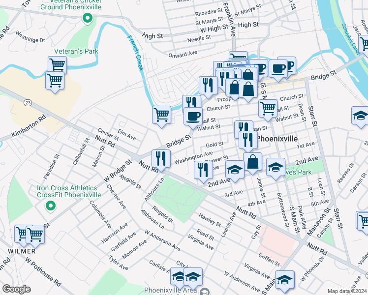 map of restaurants, bars, coffee shops, grocery stores, and more near 421 Breckenridge Street in Phoenixville