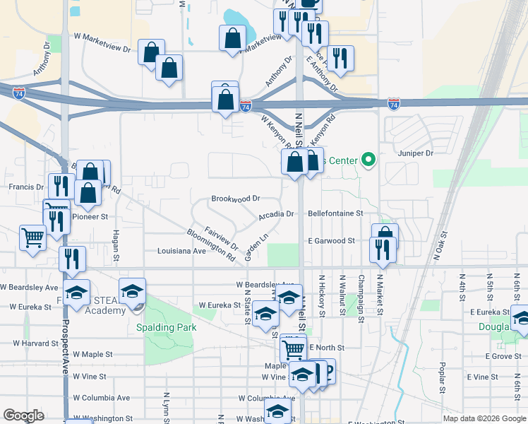 map of restaurants, bars, coffee shops, grocery stores, and more near 212 Arcadia Drive in Champaign