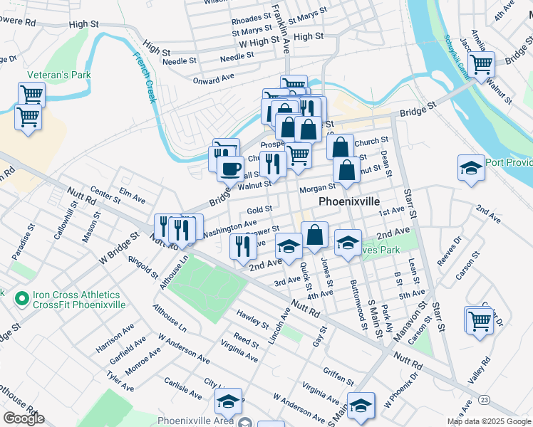 map of restaurants, bars, coffee shops, grocery stores, and more near 349 Washington Avenue in Phoenixville