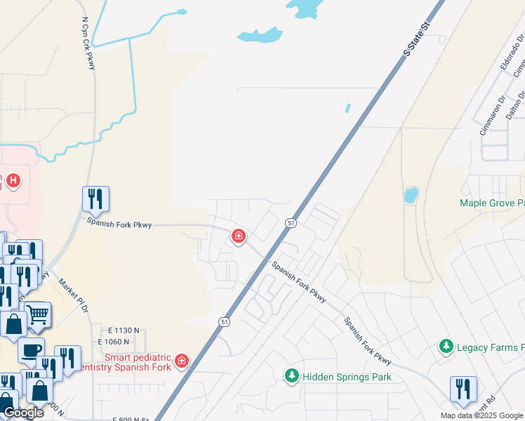 map of restaurants, bars, coffee shops, grocery stores, and more near North Woodside Drive in Spanish Fork