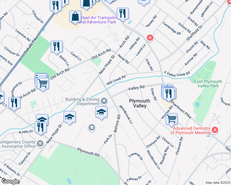 map of restaurants, bars, coffee shops, grocery stores, and more near 209 Valley Road in Plymouth Meeting