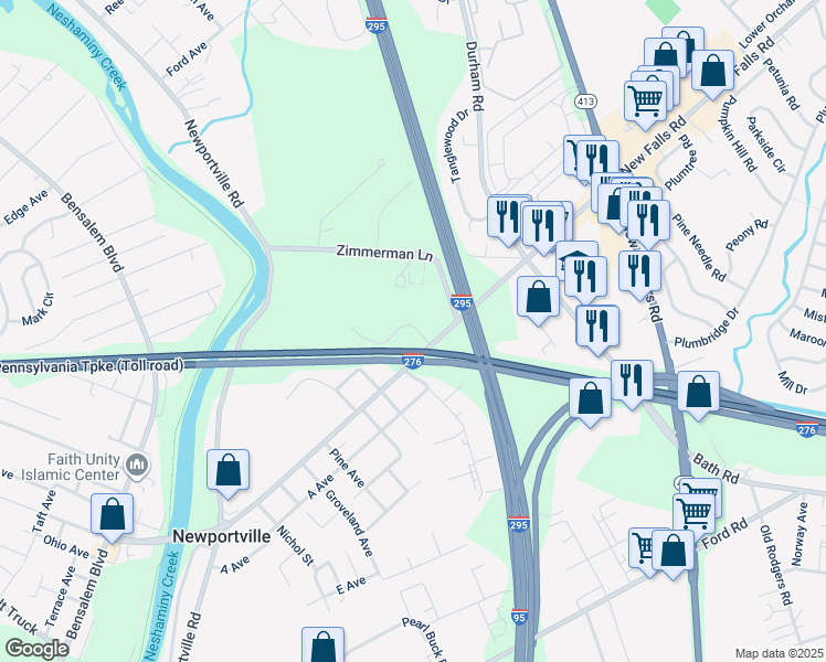 map of restaurants, bars, coffee shops, grocery stores, and more near 3021 New Falls Road in Levittown