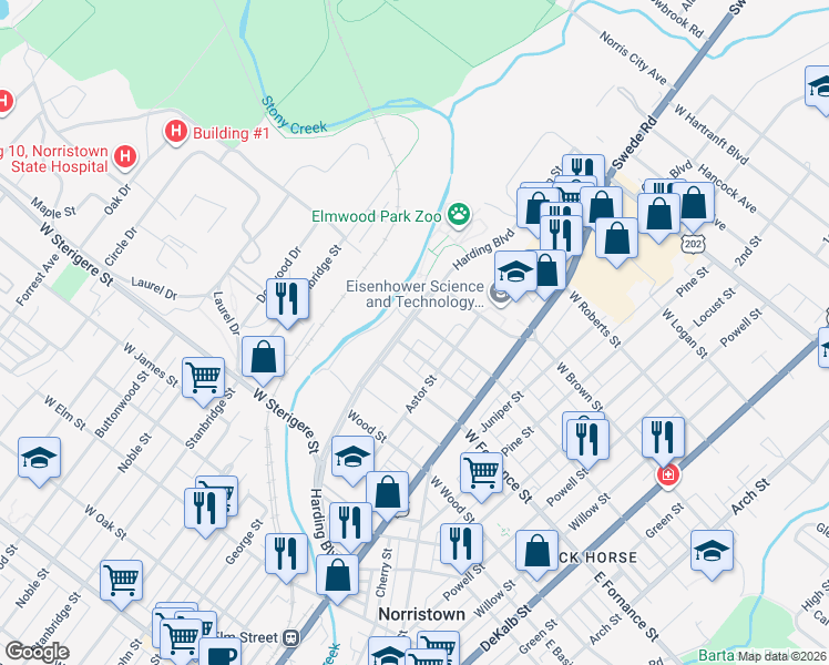 map of restaurants, bars, coffee shops, grocery stores, and more near 1420 Harding Boulevard in Norristown