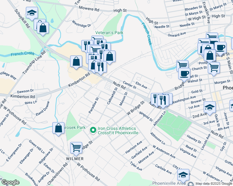 map of restaurants, bars, coffee shops, grocery stores, and more near 76 Ridge Avenue in Phoenixville